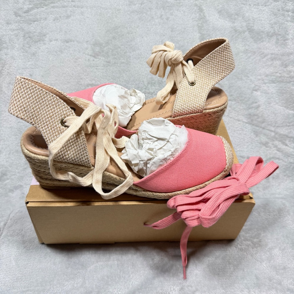 Journee Collection Coral Pink Canvas Espadrille Wedge Lace Up Sandals 7WD